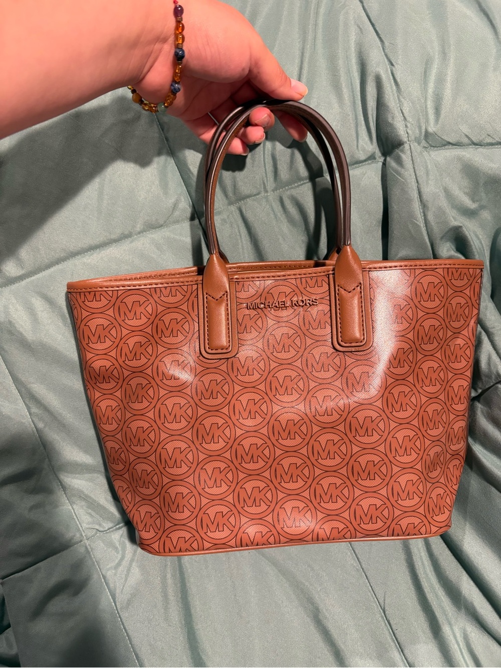 Michael Kors Monogram Tote in Cognac Brown with Dark Brown Handles